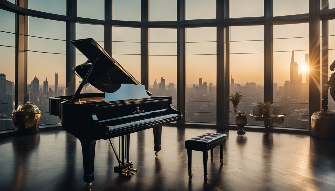 A lavish mansion with a grand piano, gold records on the walls, and a view of the city skyline, showcasing the opulent lifestyle of Roger Waters and his substantial net worth