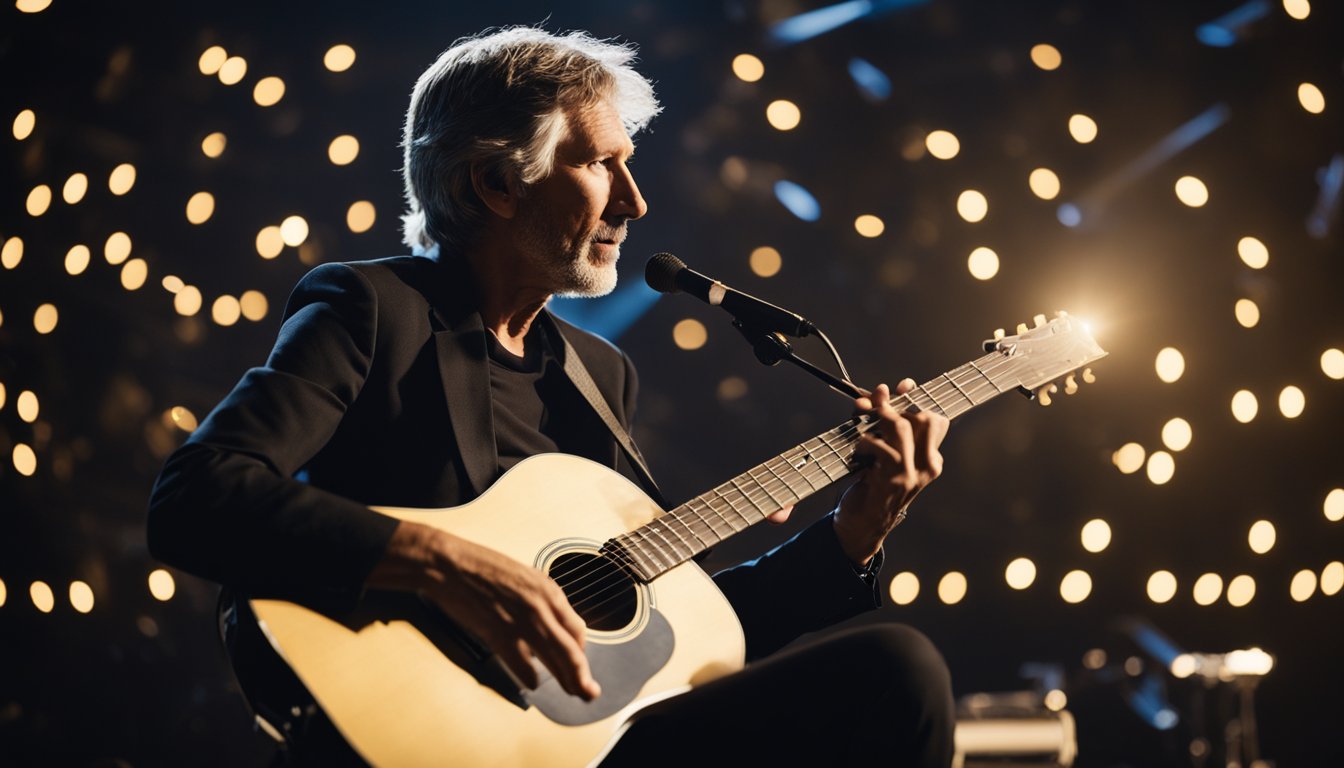 Roger Waters' early life and career could be depicted with a young boy playing with a guitar, surrounded by music notes and a spotlight, symbolizing his passion for music and his journey to success