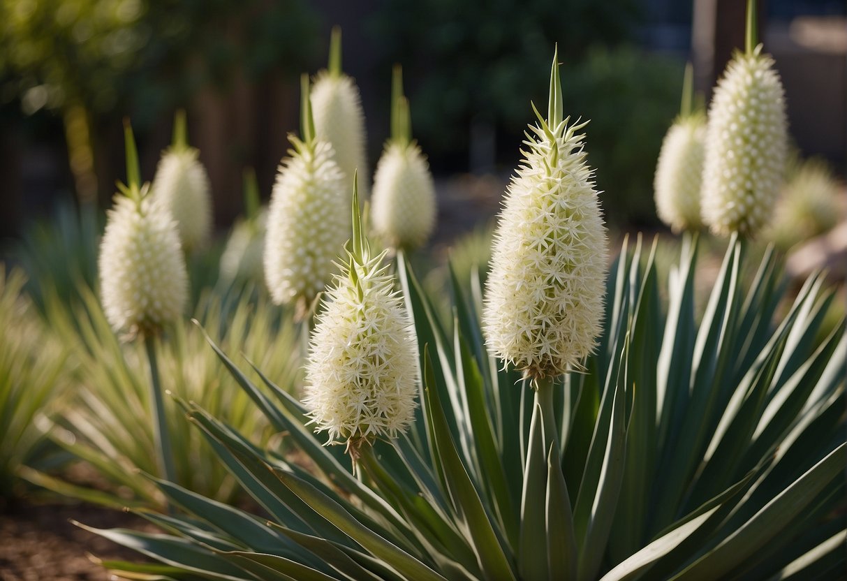 The scene depicts yucca, onion, and multiflora rose plants with ancestral features like simple leaves and regular flower structures