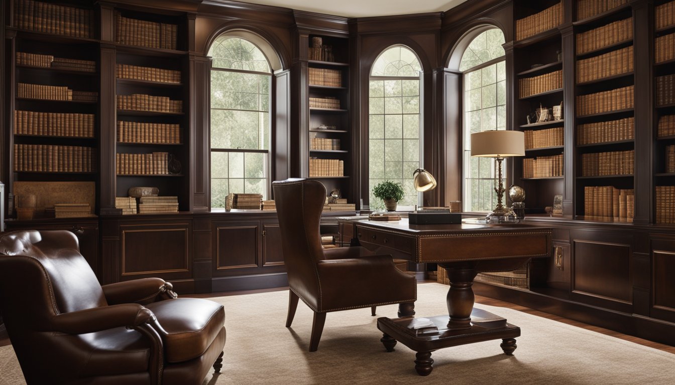 A lavish study with shelves of books, a vintage desk, and a leather chair. A large window overlooks a sprawling estate. The room exudes wealth and sophistication