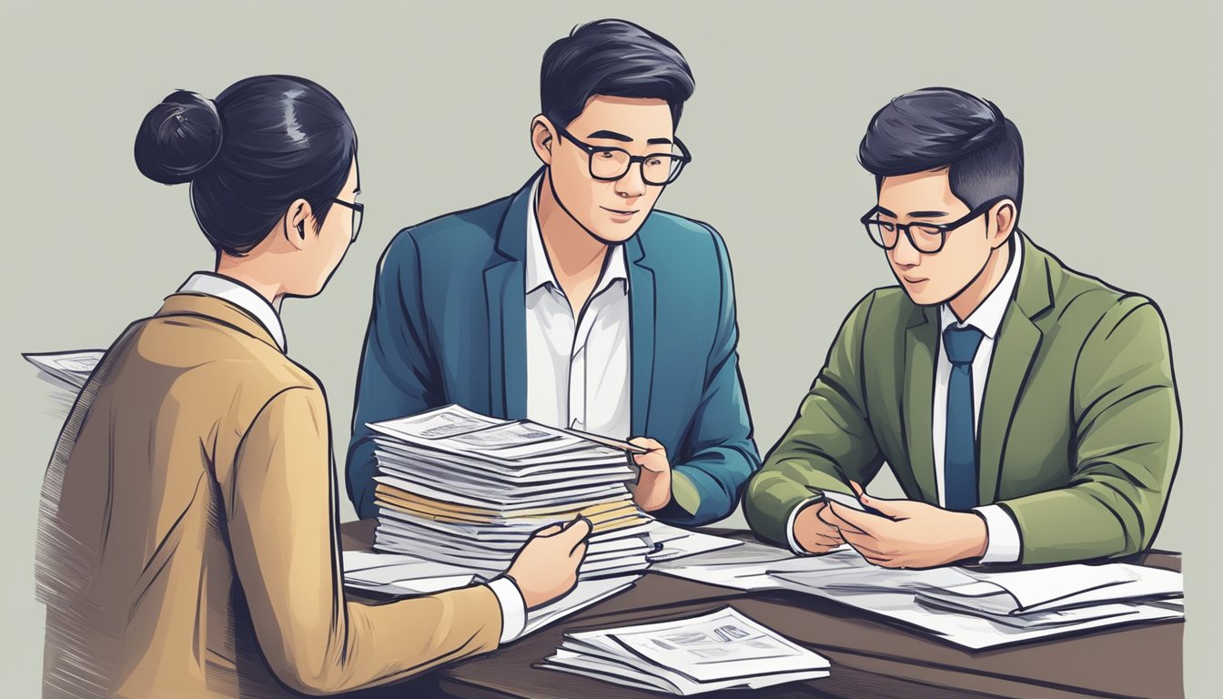 A money lender in Singapore explains loan terms to a low-income borrower. The borrower listens attentively, while the lender gestures towards a contract and a stack of money