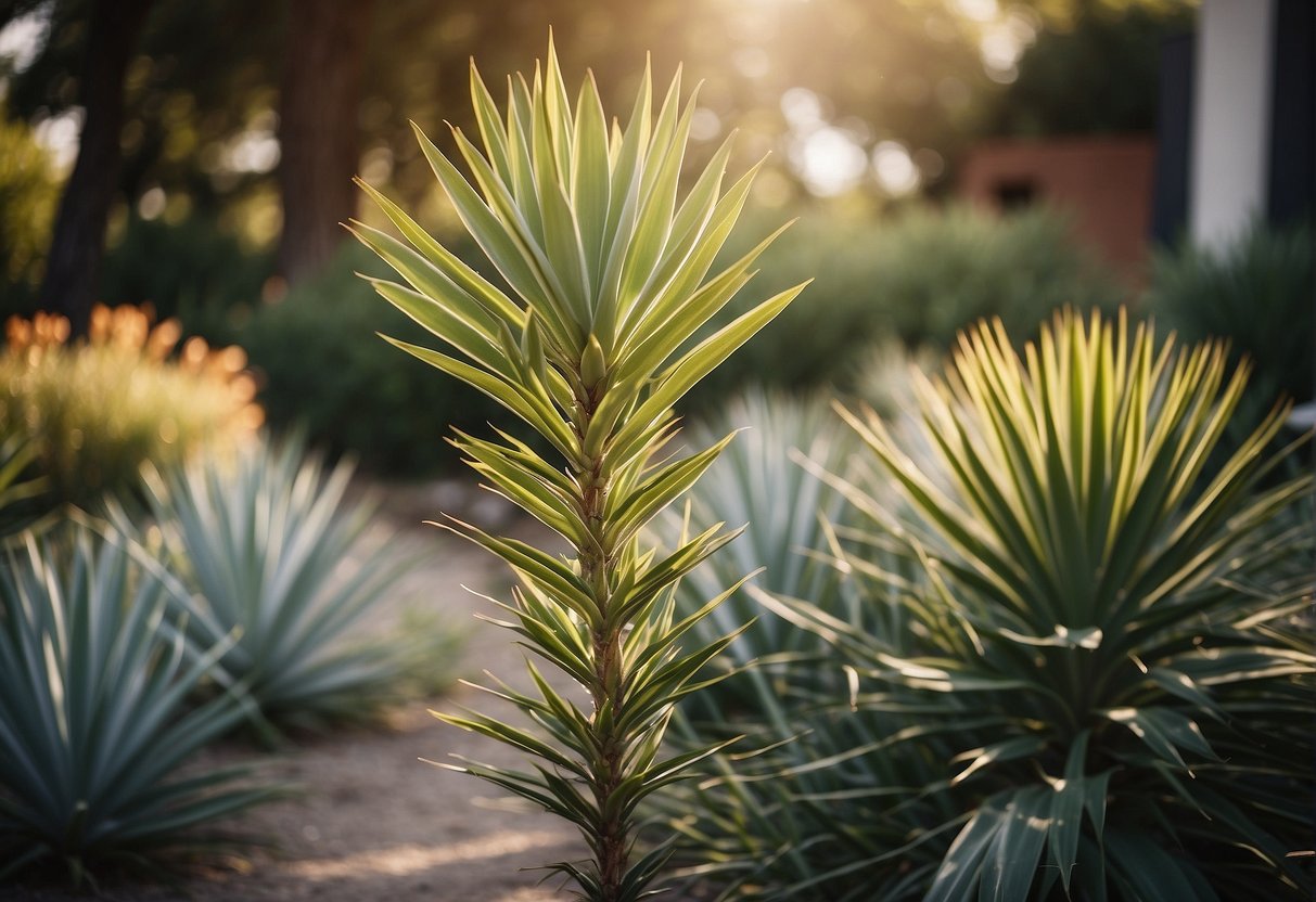 A yucca plant stands tall in a flourishing garden, adding texture and visual interest to the landscape