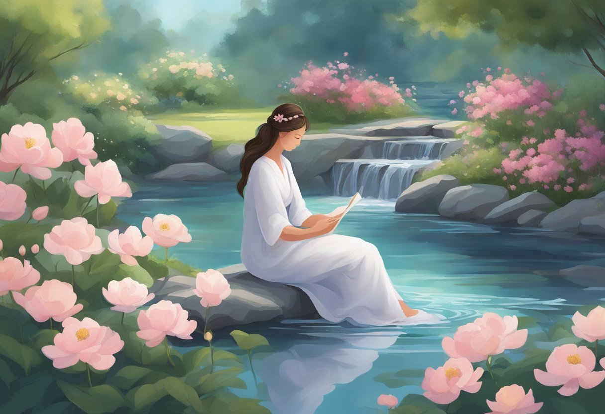 A figure sits in a tranquil garden, surrounded by blooming flowers and flowing water. Soft, soothing music fills the air, providing relief from pain and tension