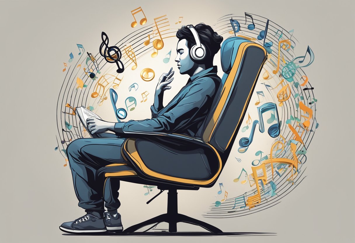 A person sitting in a chair, surrounded by musical notes and symbols, with a serene expression on their face as they listen to music for pain relief