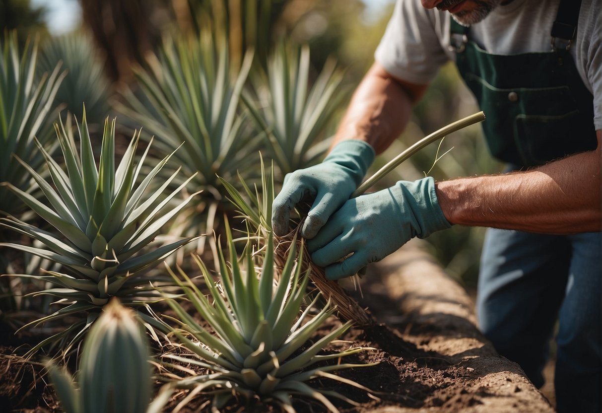 A pair of hands pruning a yucca plant, with a smaller plant nearby for propagation. Tools and pots are scattered around the scene