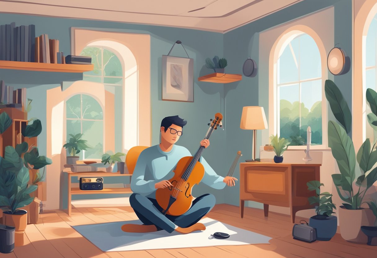 In a serene room, a person sits with closed eyes, surrounded by soothing music. Instruments and speakers fill the space, creating a peaceful atmosphere