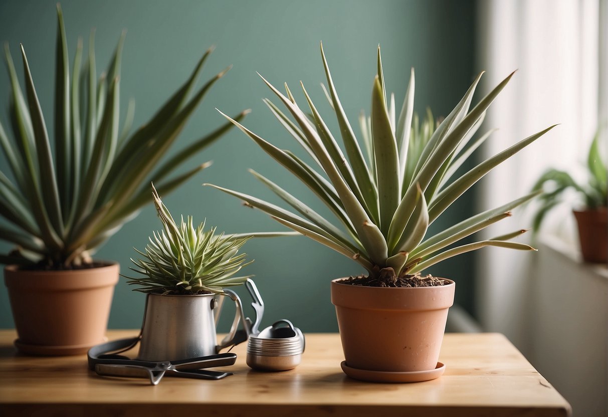 A yucca plant sits in a bright, airy room. A watering can and pruning shears are nearby. A care guide is open to a page titled "Frequently Asked Questions."