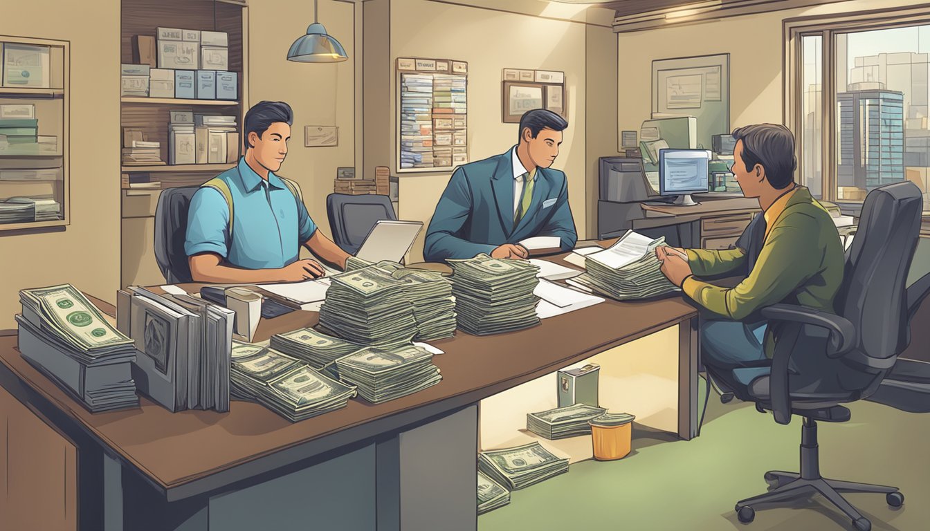 A money lender sits at a desk, offering various loan options to a customer. Signs display "Personal Loan," "Business Loan," and "Payday Loan."