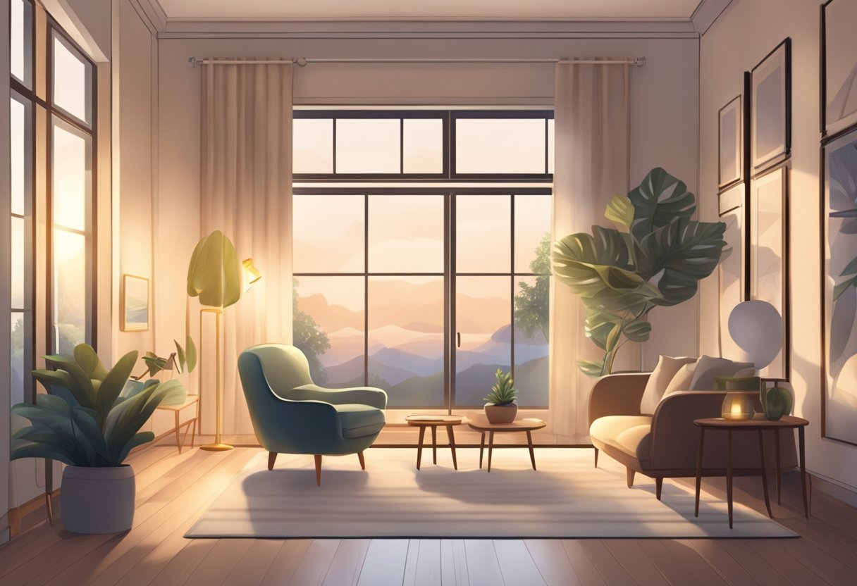 A person sits in a peaceful room, surrounded by soft lighting and comfortable furniture. A soothing melody fills the air, creating a calming atmosphere