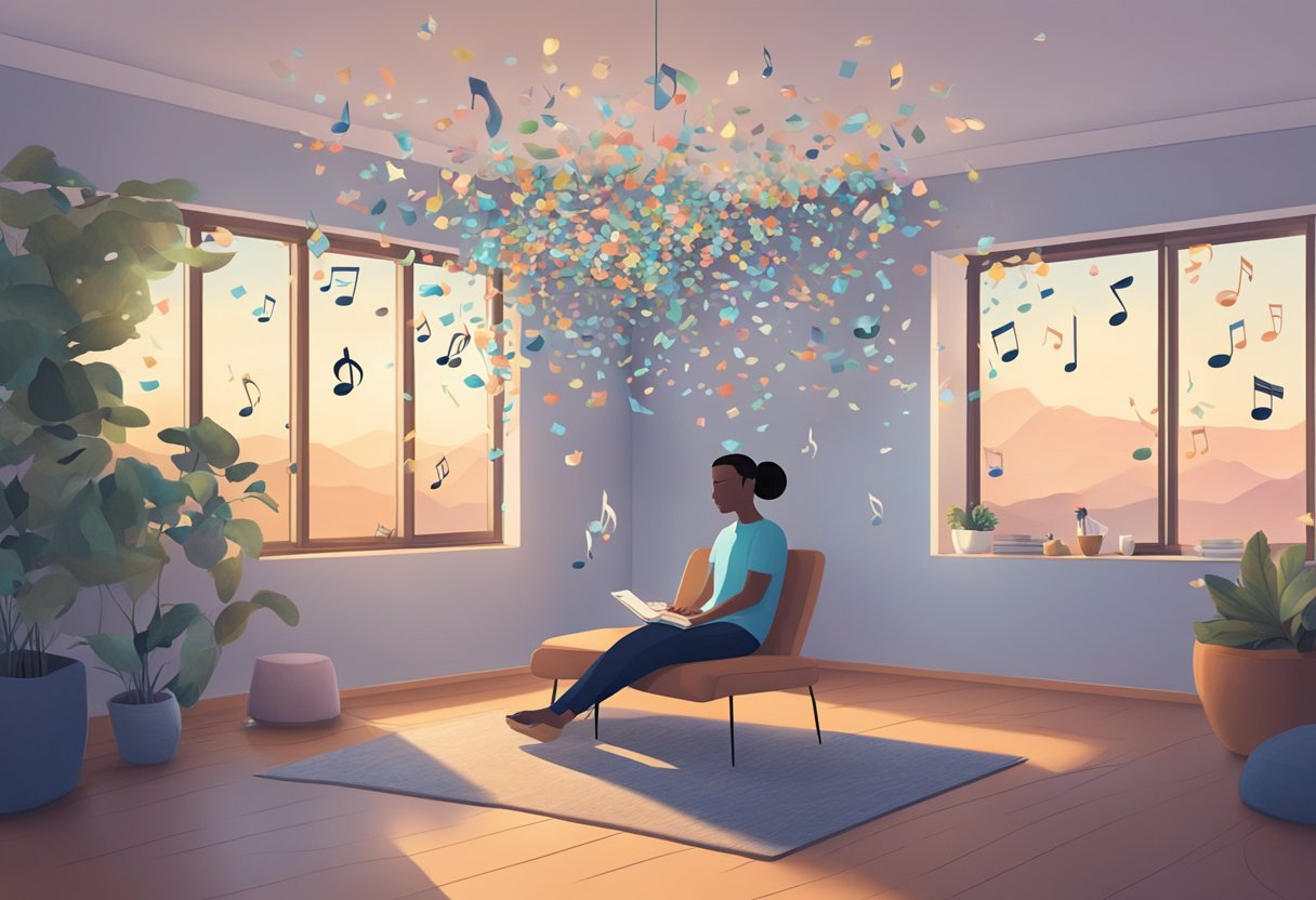 A person sitting in a peaceful room, surrounded by calming music notes floating in the air, with a sense of relief and relaxation emanating from their body