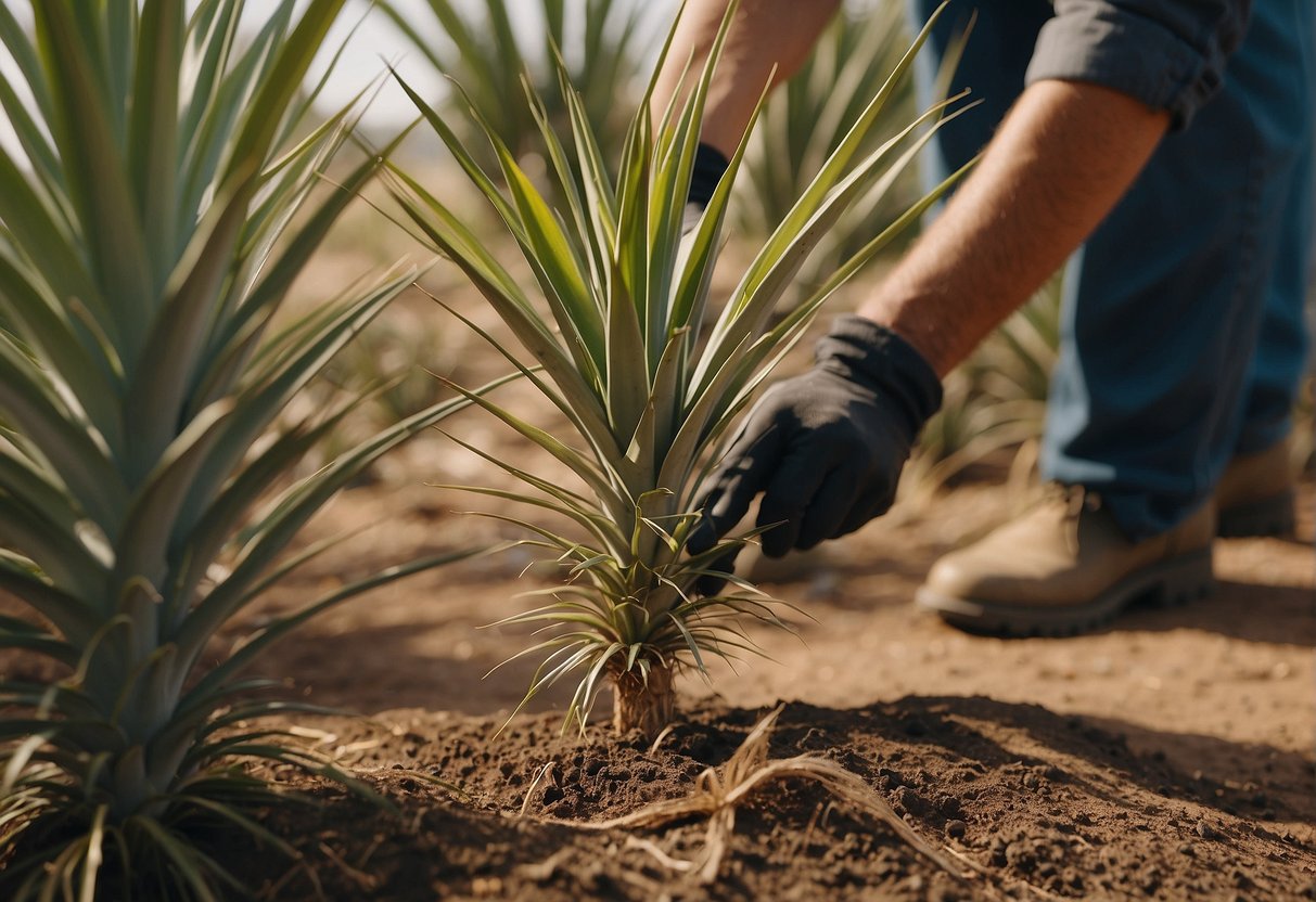 A person pouring a concentrated herbicide onto the base of a yucca plant, with the plant wilting and dying in the background