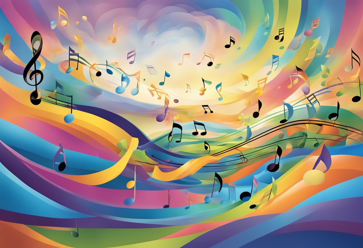 Colorful musical notes swirling around a peaceful, serene setting, creating a calming atmosphere for pain relief