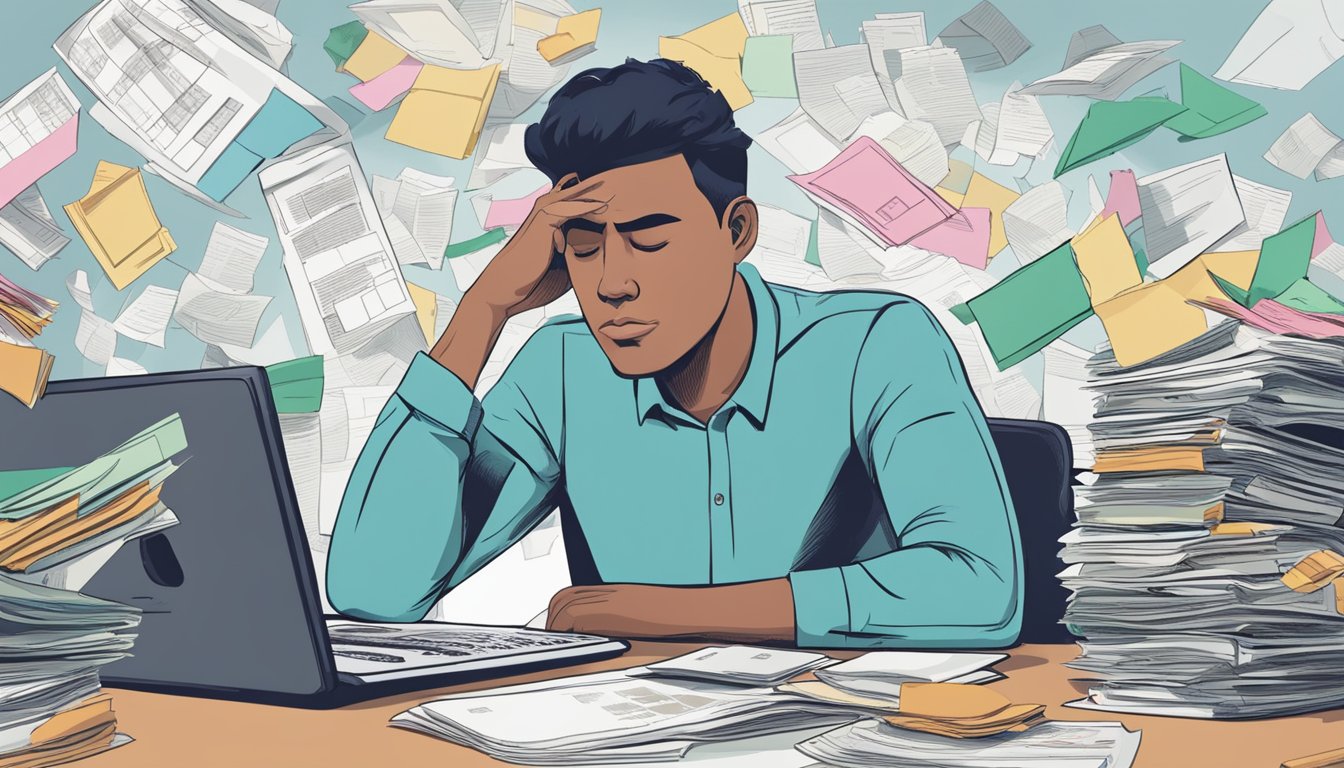 A person sitting at a desk, surrounded by bills and financial statements. They are looking stressed and overwhelmed as they consider their options for debt consolidation