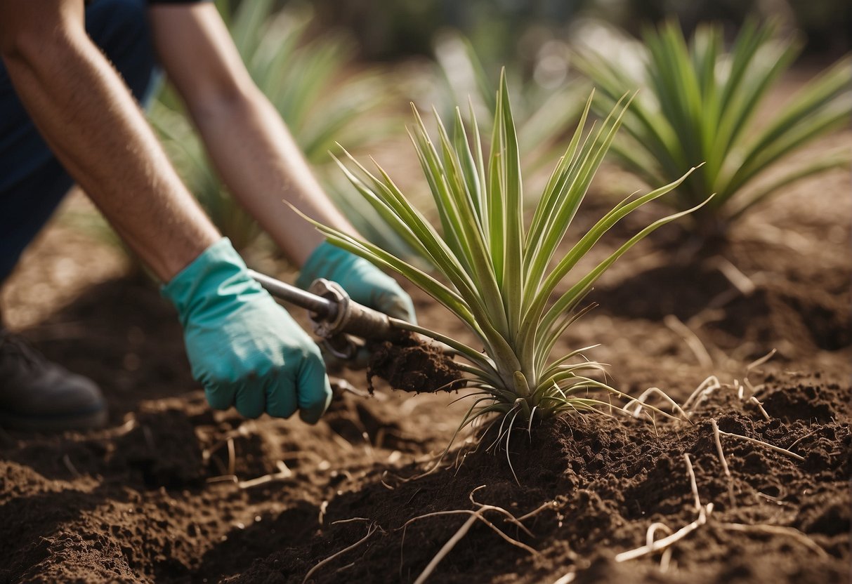 A yucca plant being treated with herbicide, with the roots being dug up and removed from the soil