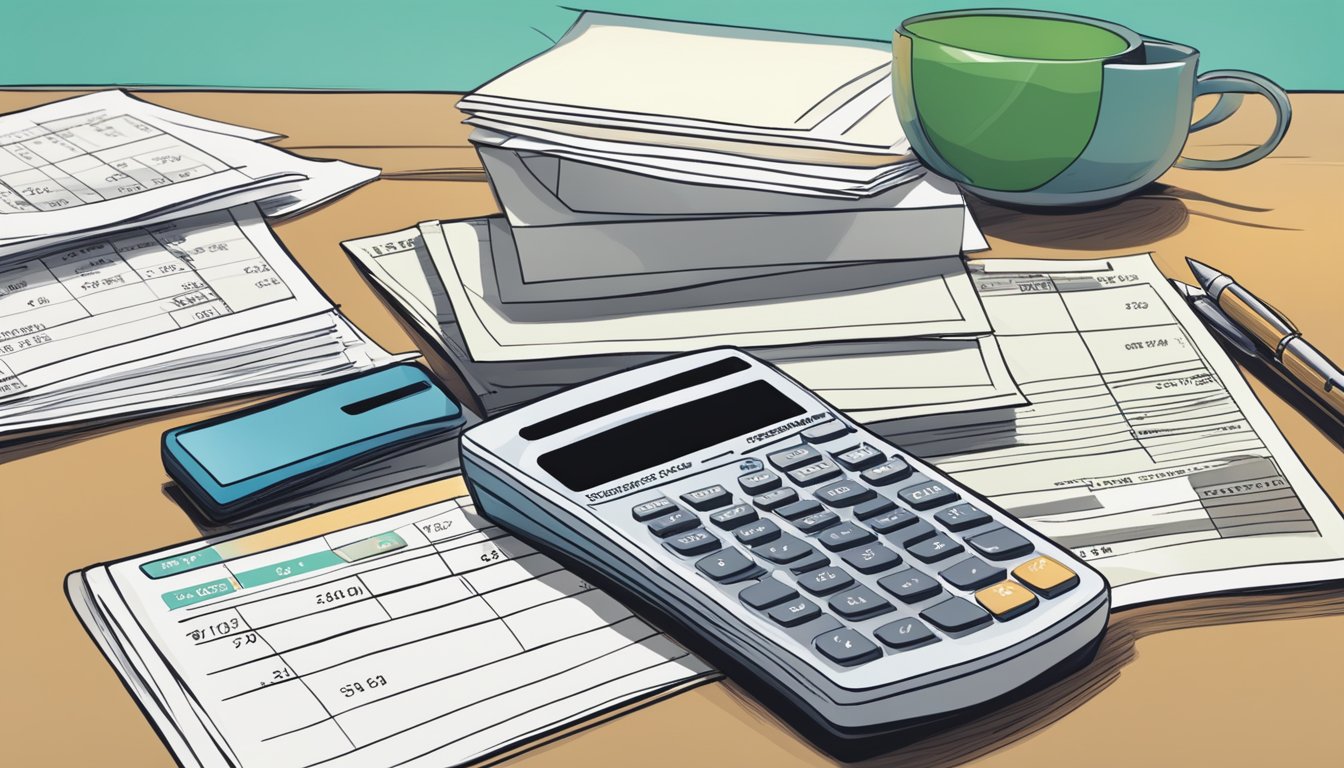 A stack of bills and credit card statements on a cluttered desk, with a calculator and pen nearby. A graph showing rising debt levels in the background