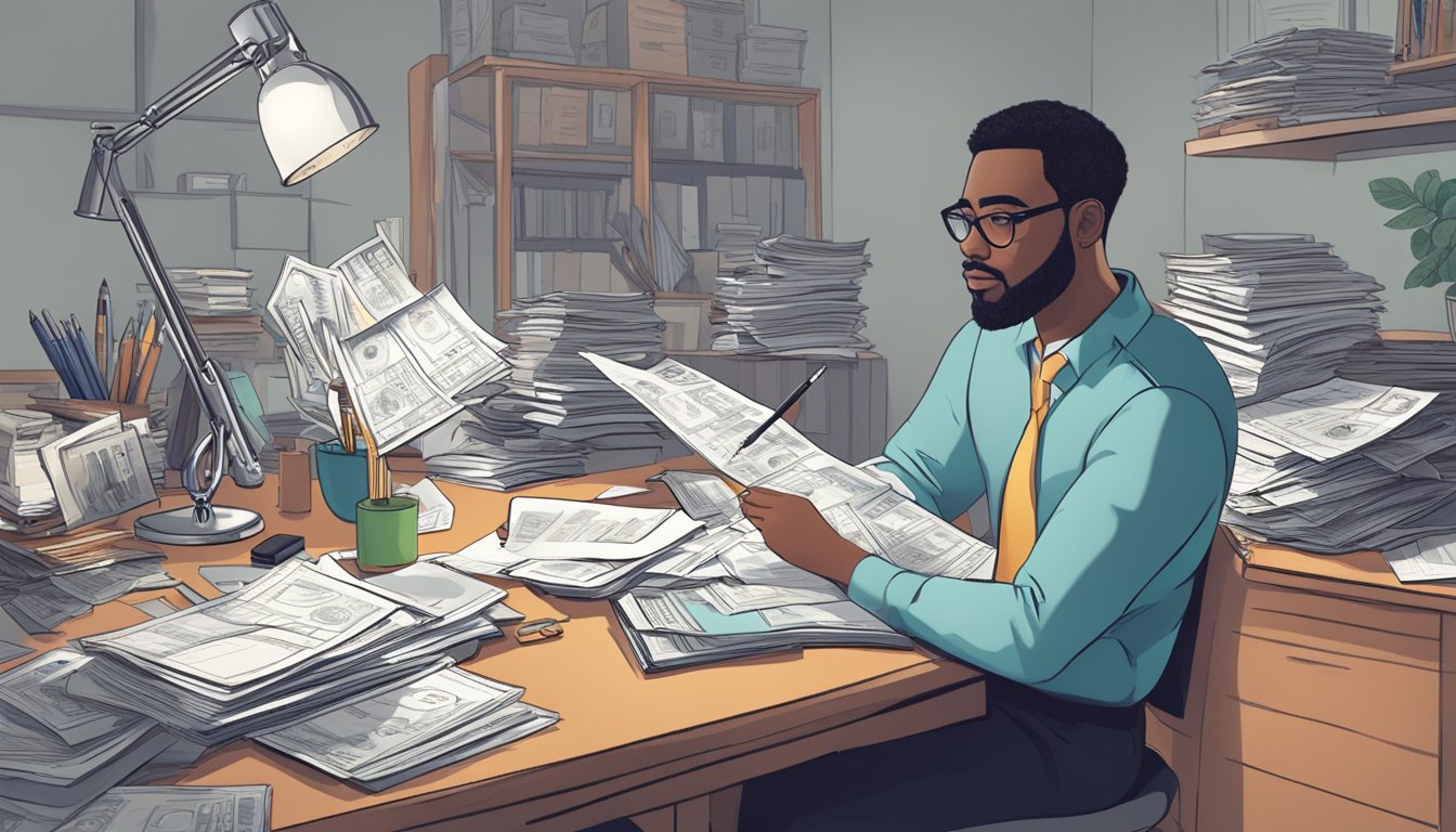 A person sits at a cluttered desk, surrounded by bills and financial statements. They hold a pen, contemplating their options for consolidating debt with a personal loan
