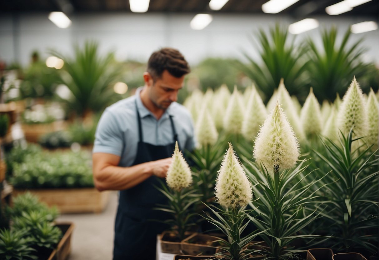 A person carefully selects a yucca plant from a variety of options at a garden center