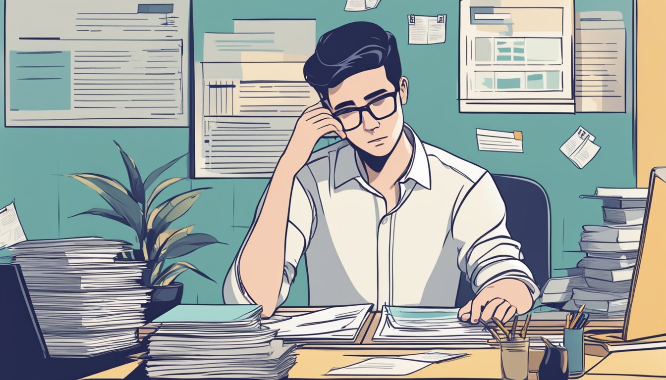 A person sitting at a desk, surrounded by bills and financial documents, contemplating the decision to get a personal loan to consolidate debt in Singapore