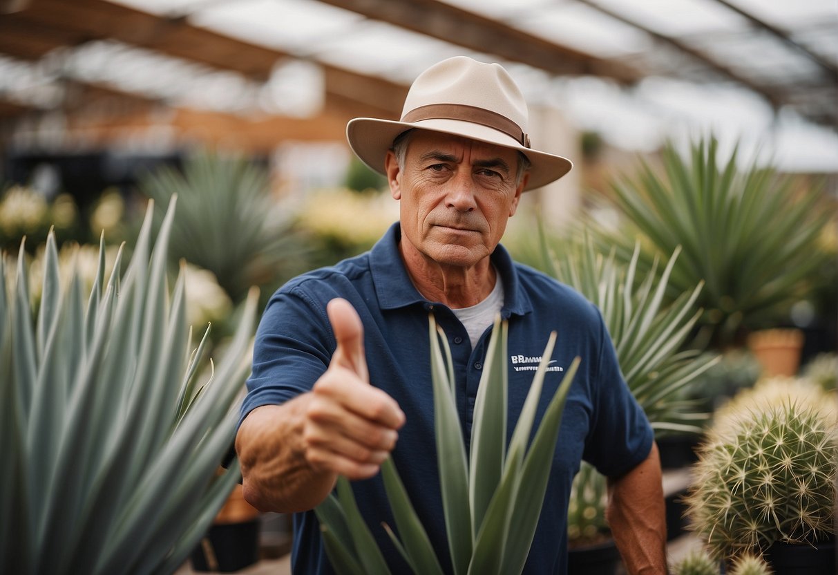 A customer pointing to yucca plants at a garden center