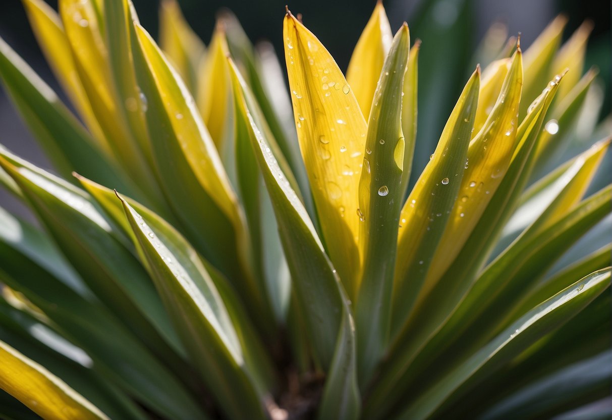 Yellowing yucca leaves due to overwatering, poor drainage, or low light. Illustrate a yucca plant in a pot with yellow leaves and water droplets
