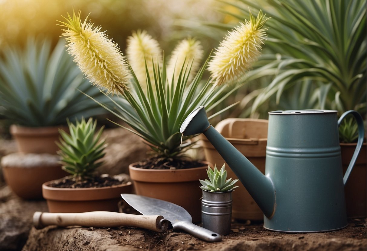 A yucca plant with yellowing leaves, surrounded by various gardening tools and a watering can