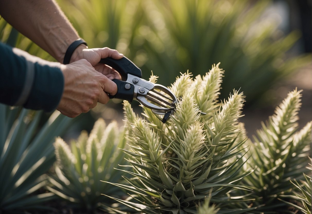 Yucca plants being trimmed back in spring with garden shears