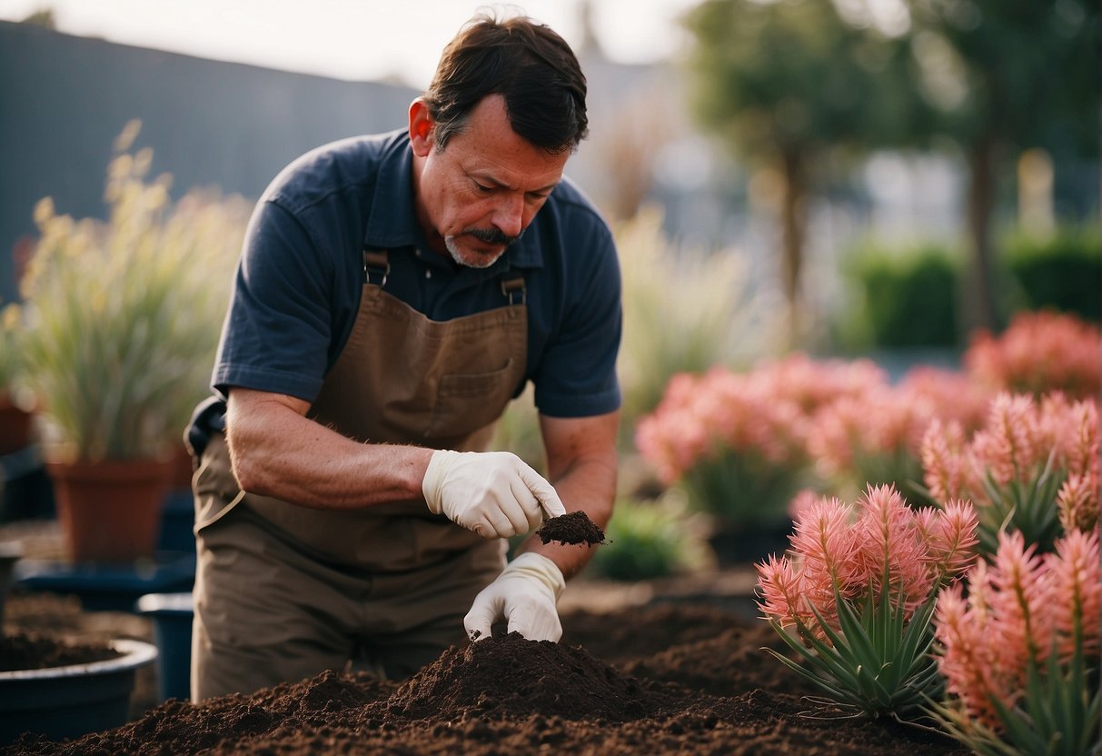 A person buys red yucca plants from a garden center. They dig a hole and carefully plant the red yucca in their backyard garden