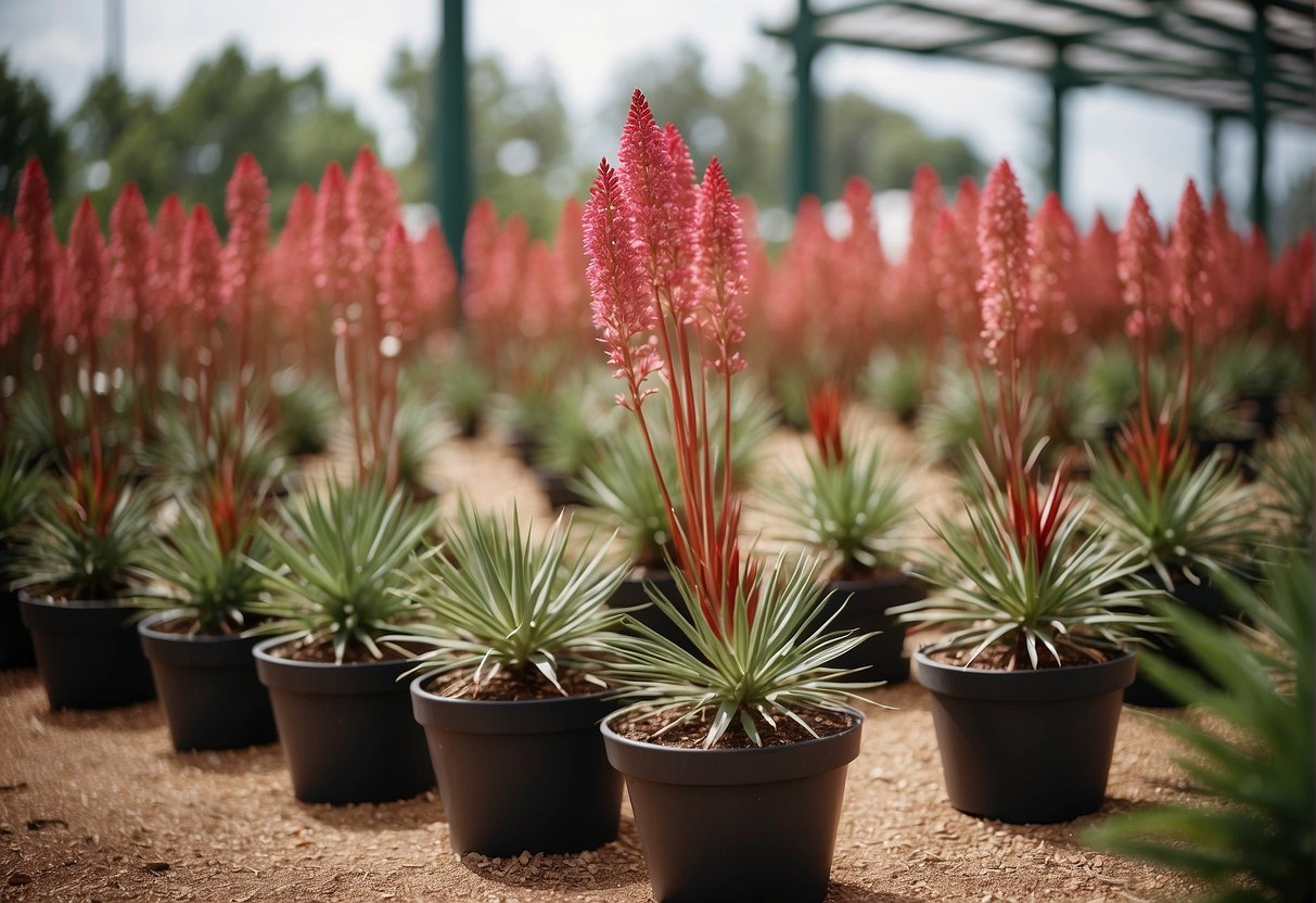 A garden center with rows of red yucca plants, a sign reading "Frequently Asked Questions: where to buy red yucca plants."