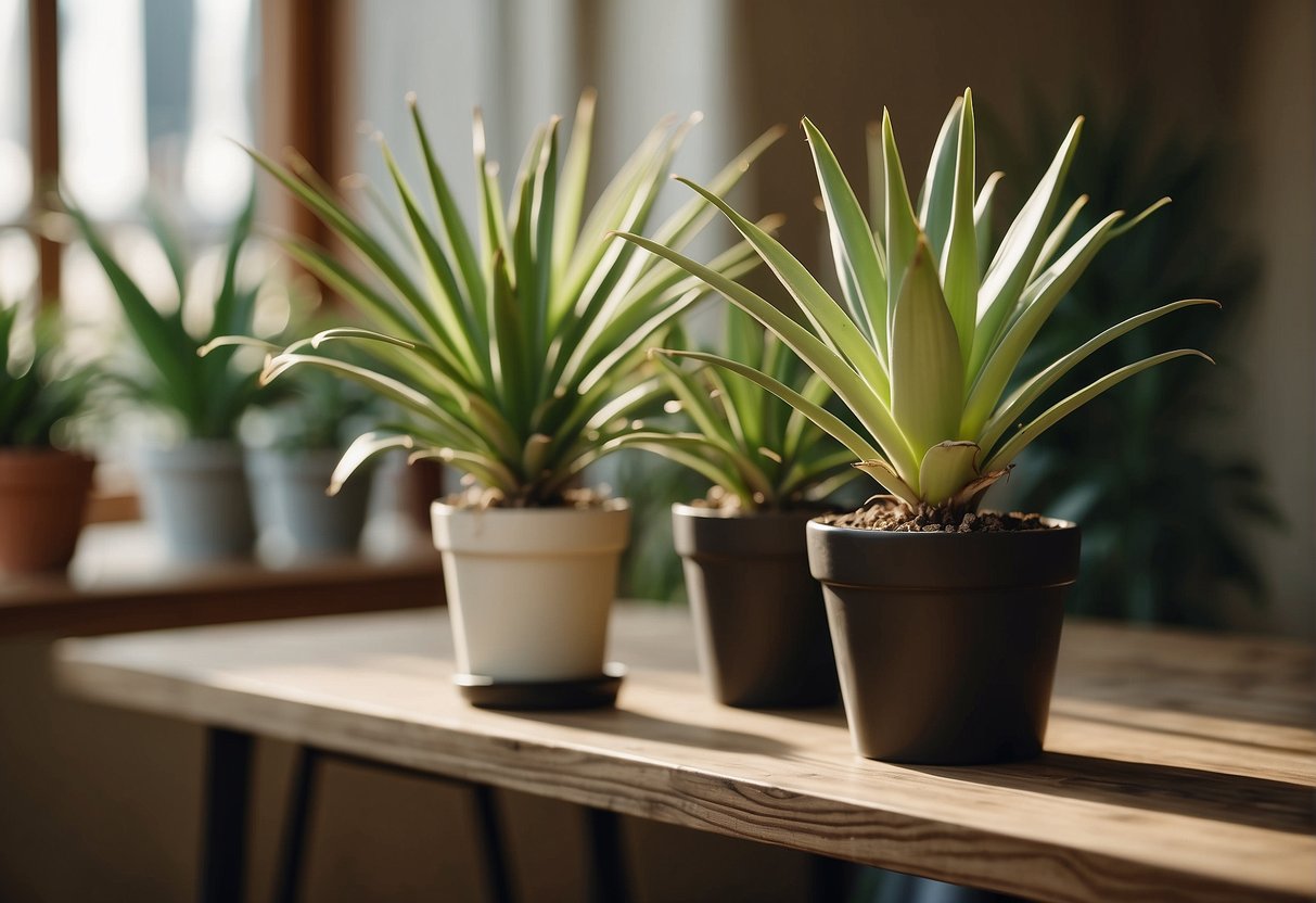 A potted yucca plant sits on a table. A pair of gardening shears cuts through the thick stem, dividing the plant into two separate sections