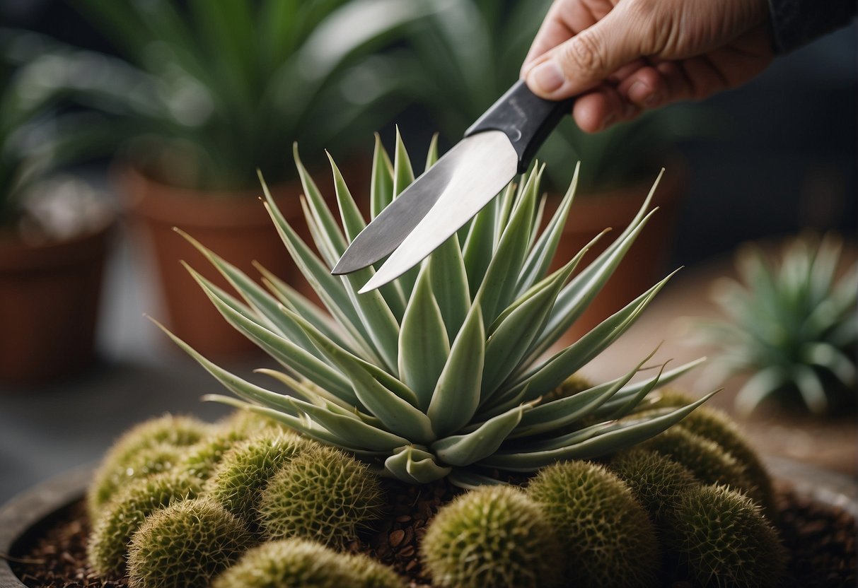 An indoor yucca plant being carefully divided into smaller sections using a sharp gardening tool