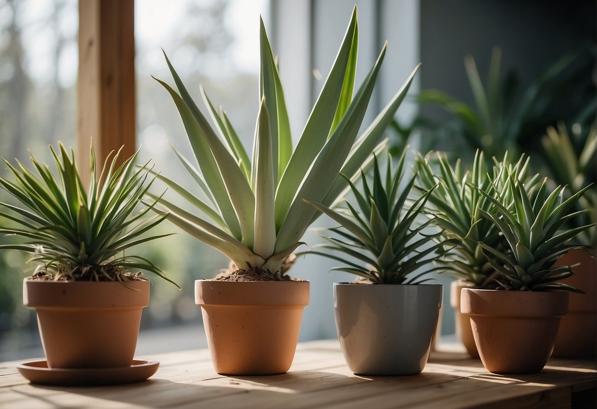 Yucca plant in indoor setting, surrounded by watering can, soil, and pruning shears. Troubleshooting guide and maintenance tips nearby