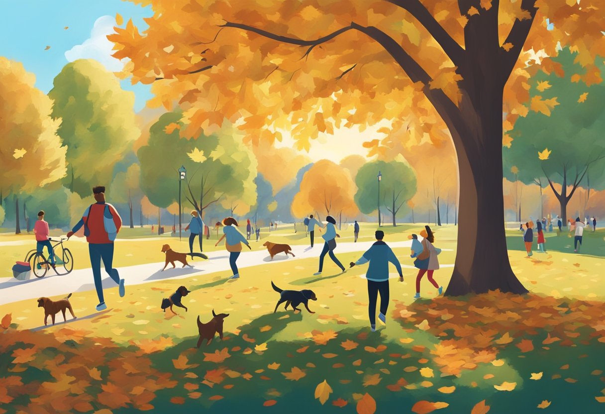 The scene shows colorful leaves falling in a park, with people playing sports, picnicking, and walking dogs. The sun is shining, and there are clear blue skies