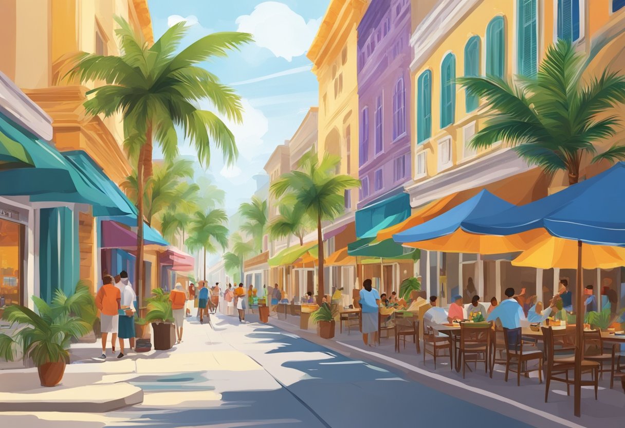 A bustling street with colorful storefronts and outdoor dining areas. Palm trees sway in the breeze, and tourists explore the shops and hotels