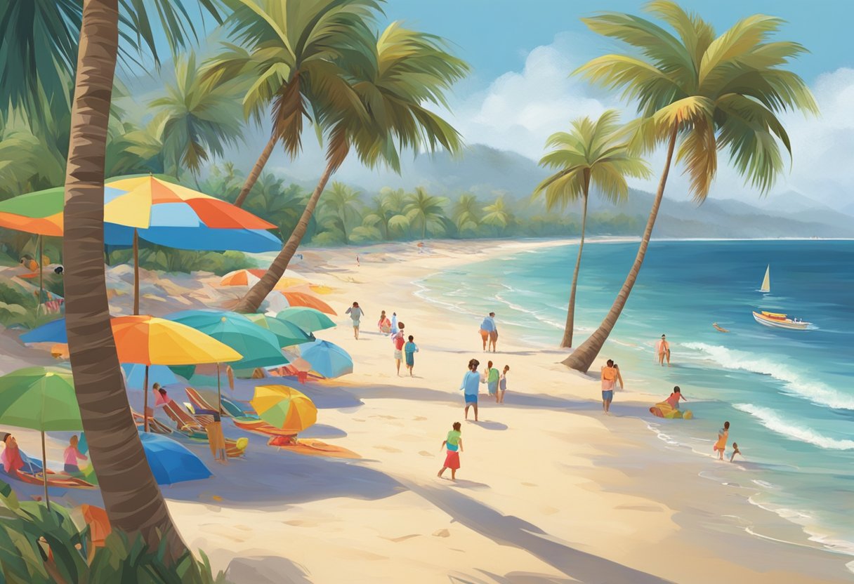 Sandy beaches stretch along the coast, with palm trees swaying in the ocean breeze. Colorful beach umbrellas dot the shoreline, while families play in the gentle waves