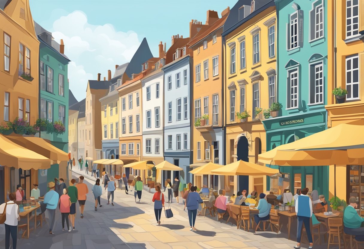 A bustling street in a historic town, with colorful buildings and cobblestone streets. Tourists explore local shops and cafes, while a historic landmark stands in the background