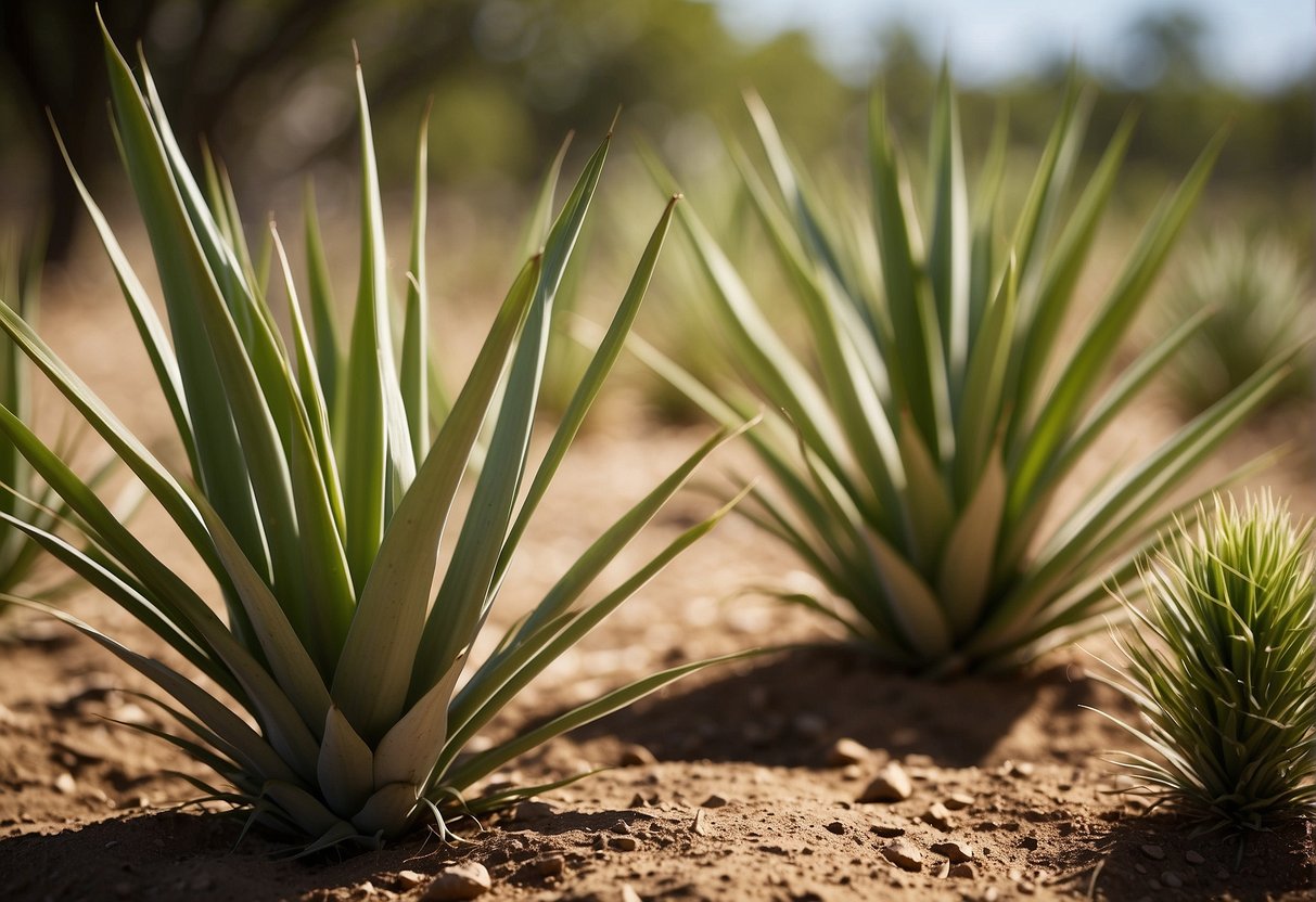 Healthy yucca plants in dry soil, receiving water and sunlight. Some leaves are wilting, while others are vibrant green