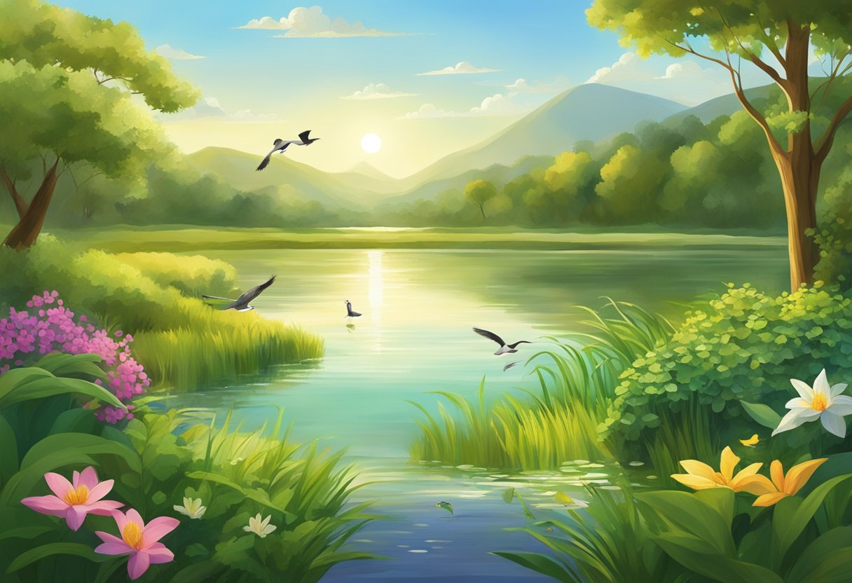 Lush green landscapes surround a tranquil lake, with colorful birds and wildlife roaming freely. The sun shines brightly, casting a warm glow over the natural beauty