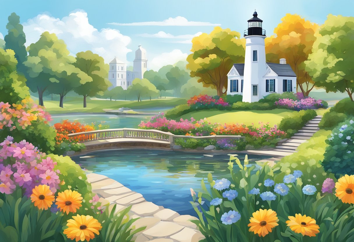 Lush gardens with colorful flowers, peaceful ponds, and iconic landmarks like lighthouses and historic buildings. Sunshine and blue skies