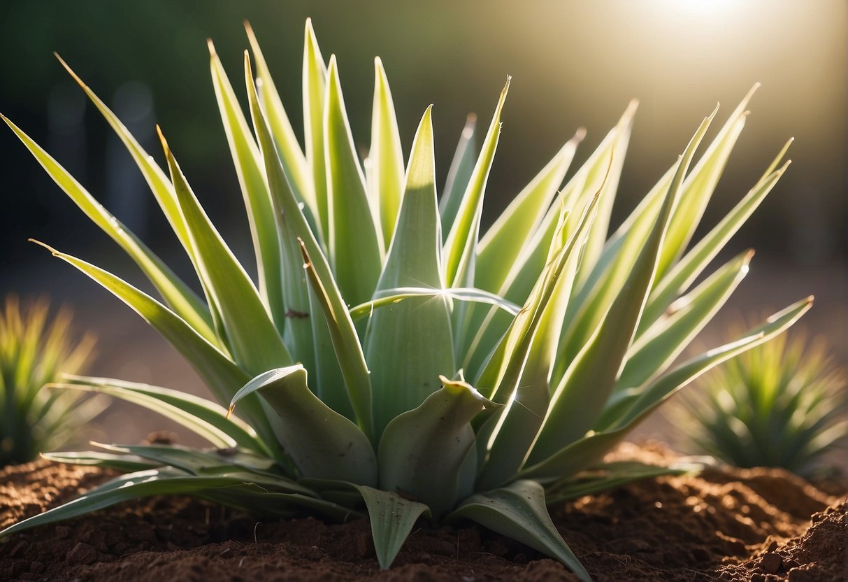 A drooping yucca plant is watered and placed in bright sunlight, gradually perking up and regaining its upright form