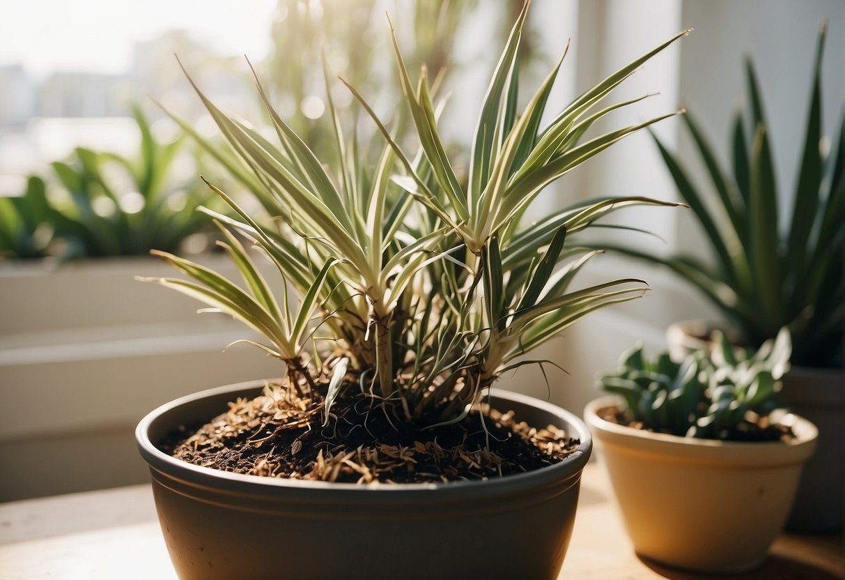 A wilted yucca plant sits in a sunny room. A person waters it, prunes dead leaves, and places it in a well-draining pot. The plant perks up, thriving once again