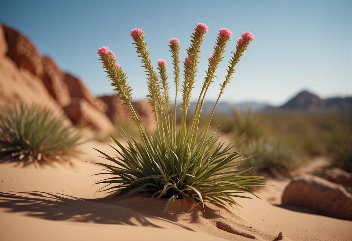 Tall, slender stems with long, narrow green leaves. Reddish-pink tubular flowers on tall spikes. A desert landscape with rocks and sand in the background