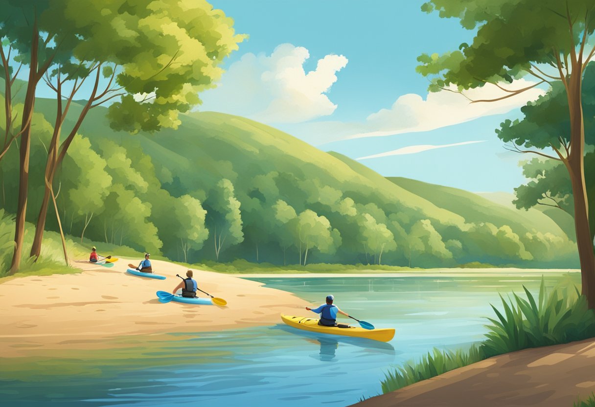 People kayaking on a calm river, surrounded by lush green trees and a clear blue sky. A group of friends playing beach volleyball on a sandy shore. Cyclists riding along a scenic trail with rolling hills in the background