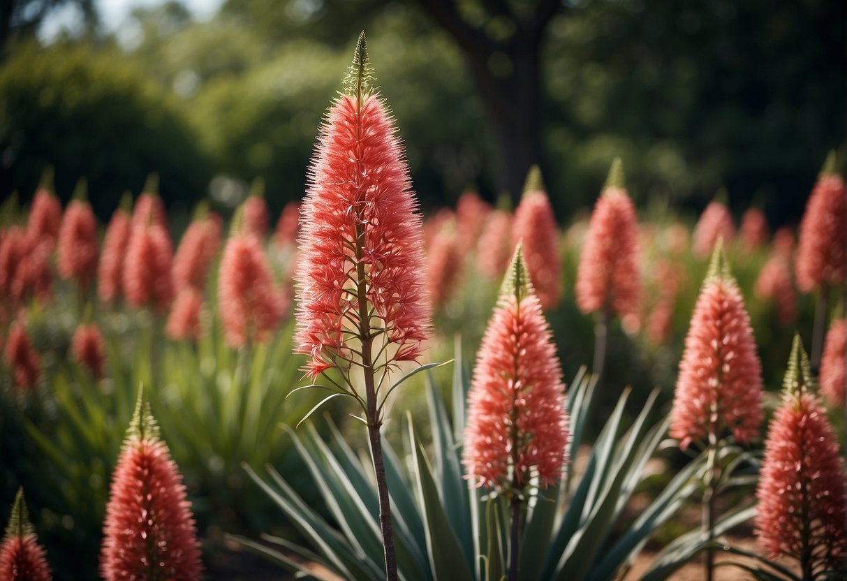 A garden with red yucca plants in full bloom, showcasing their long, slender green leaves and tall, vibrant red flower spikes