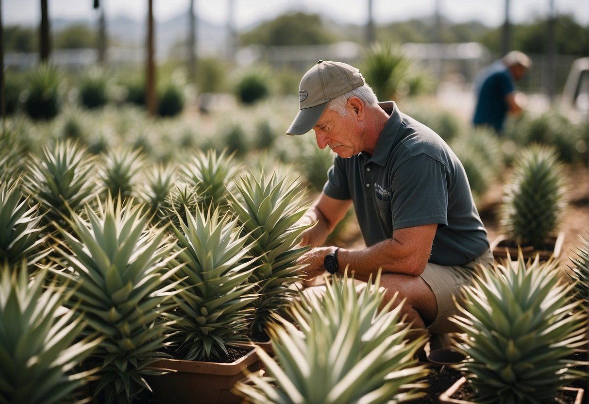 A customer carefully examines various yucca plants at a nursery in Austin, TX before selecting the perfect one to purchase