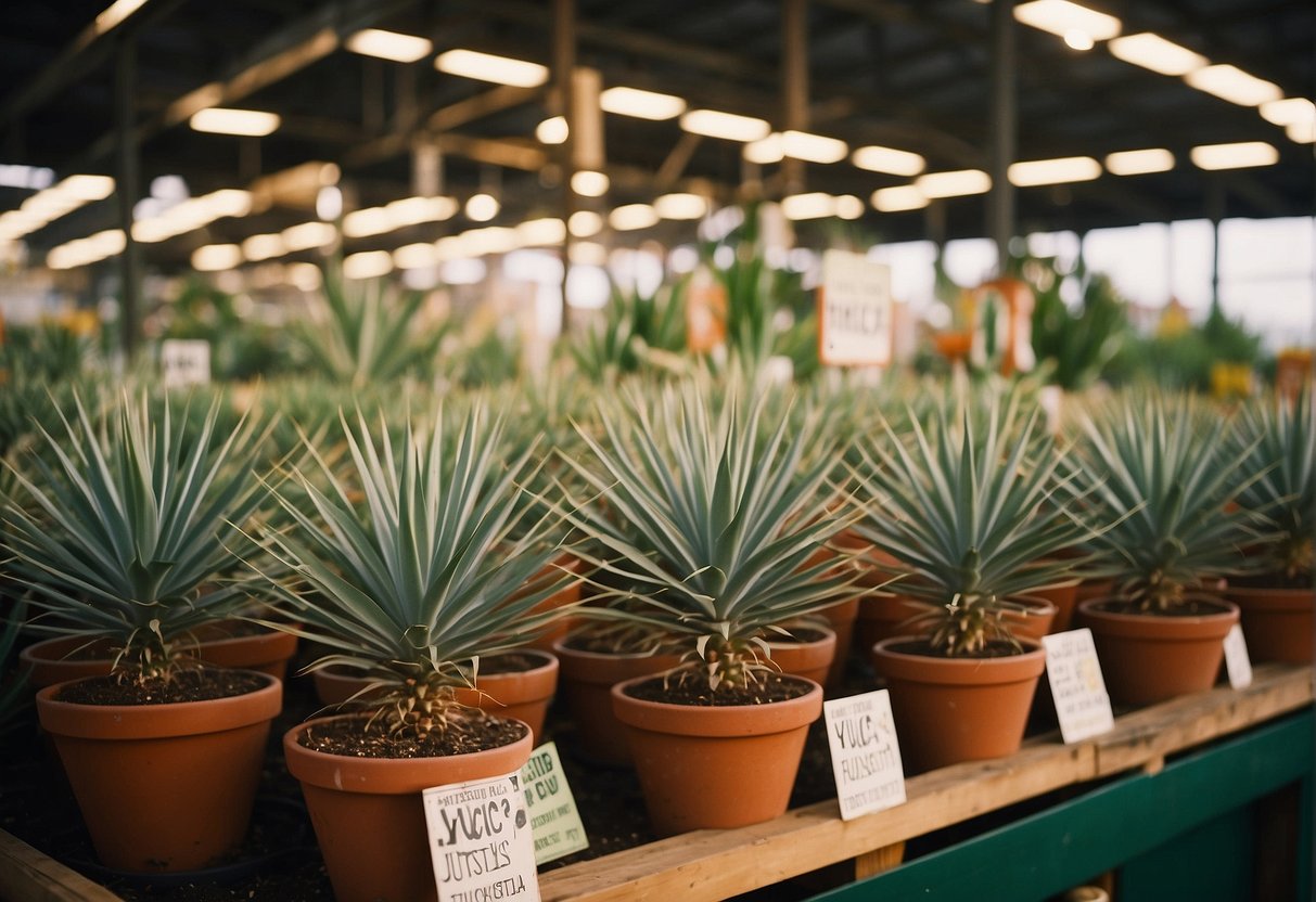 A garden center displays yucca plants in pots. A sign reads "Yucca Plants for Sale" in Austin, TX