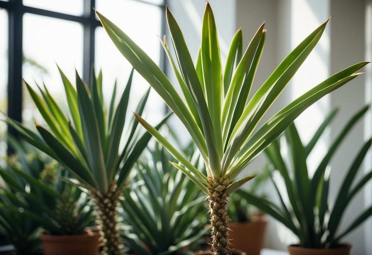 A pair of yucca plants in a sunny room, one with sharp, sword-like leaves and the other with softer, rounded foliage