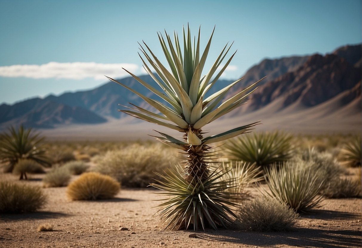 A yucca plant stands tall in a desert landscape, its sharp, sword-like leaves reaching towards the sky. The plant exudes a sense of rugged beauty, with its spiky leaves and sturdy trunk