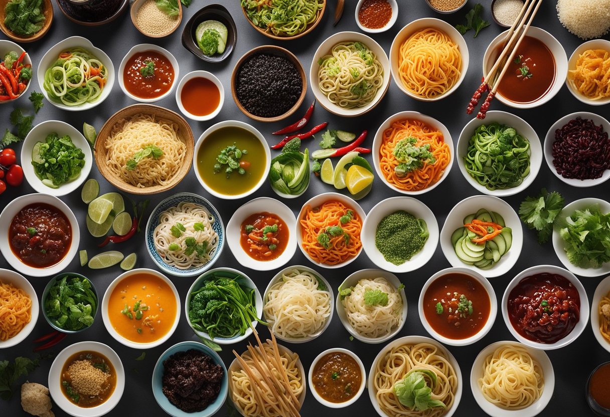 Brightly colored noodle bowls surrounded by a variety of flavorful sauces and dressings. Ingredients like sesame seeds, scallions, and chili peppers add texture and visual interest