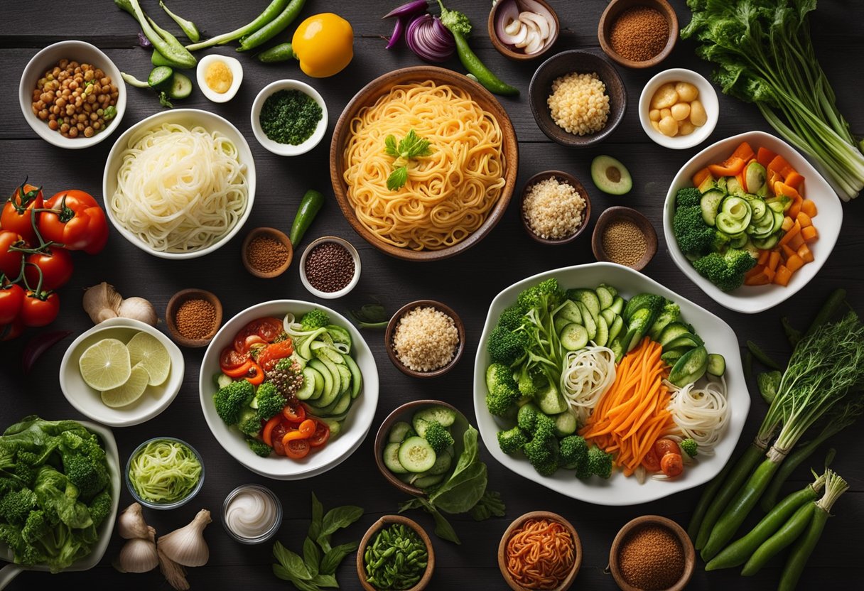 A table is covered with a variety of fresh vegetables and toppings, along with bowls of prepared noodles, ready for meal prep