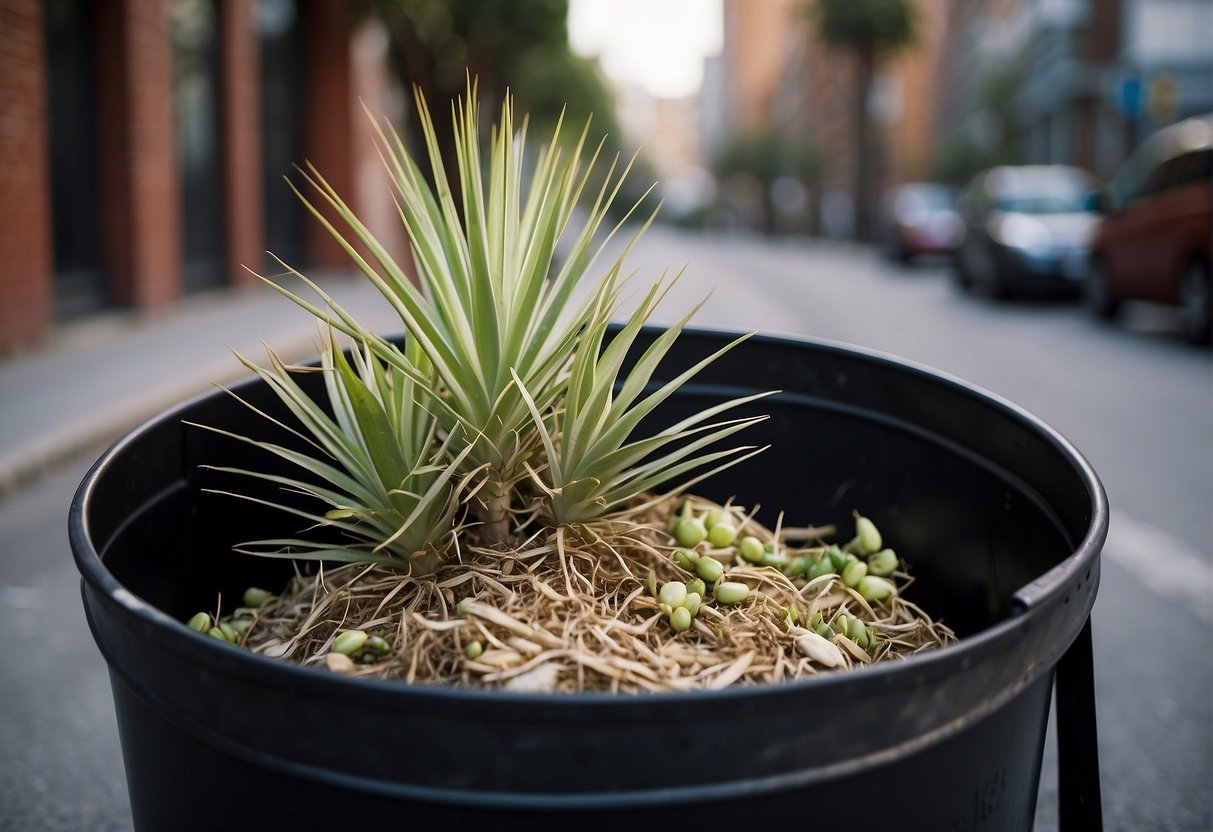 A yucca plant being uprooted and discarded in a trash bin